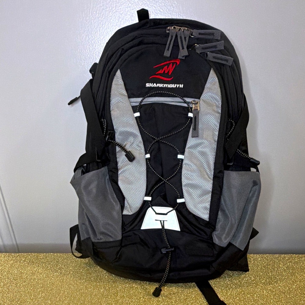 Sharkmouth Hiking Backpack Black Gray Zip Closure Padded Straps External Pockets